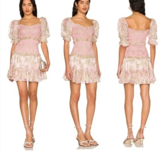 Hemant & Nandita Small Pink and Metallic Gold Shirred Smocked Floral Dress